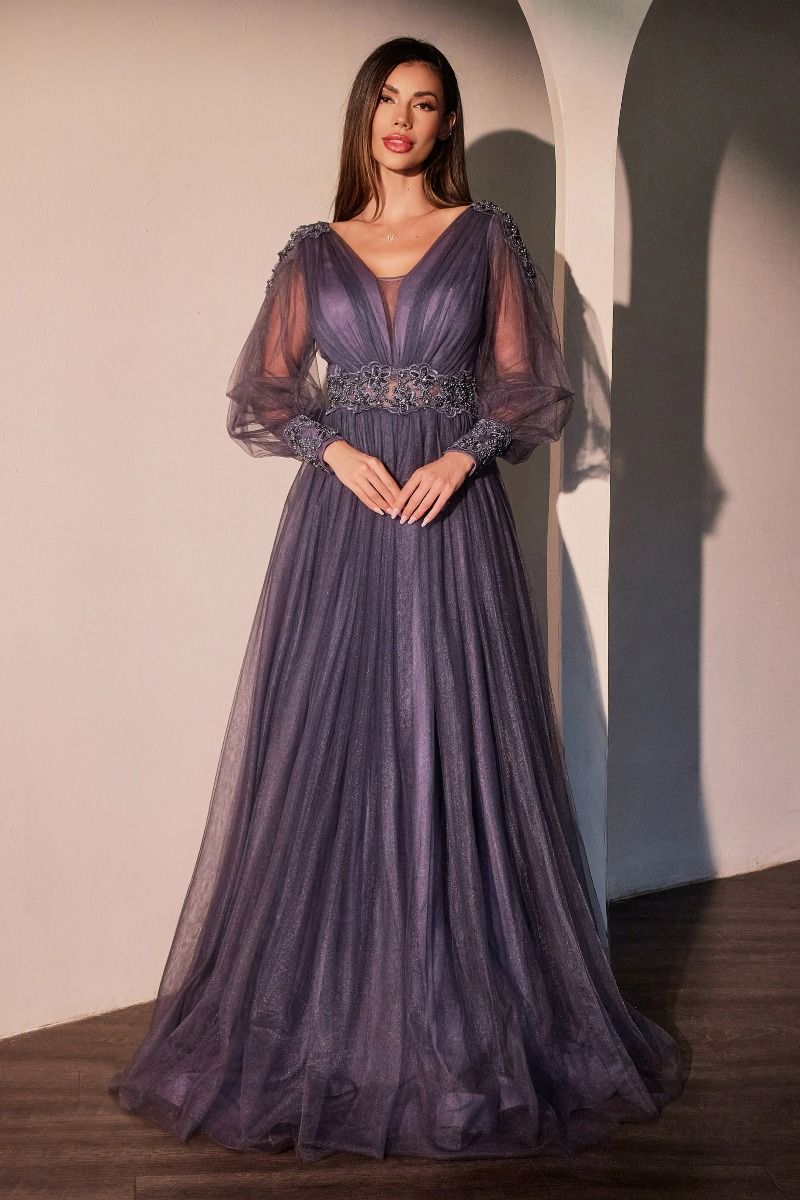 Long Sleeves V-Neckline Layered Tulle Gown By Ladivine CD0938 - Women Evening Formal Gown - Special Occasion/Curves