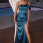 Satin One Shoulder Draped Leg Slit Gown by Cinderella Divine CD327 - Special Occasion