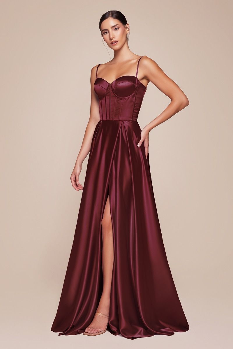 Bustier Satin A-Line Leg Slit Gown by Cinderella Divine CD337 - Special Occasion