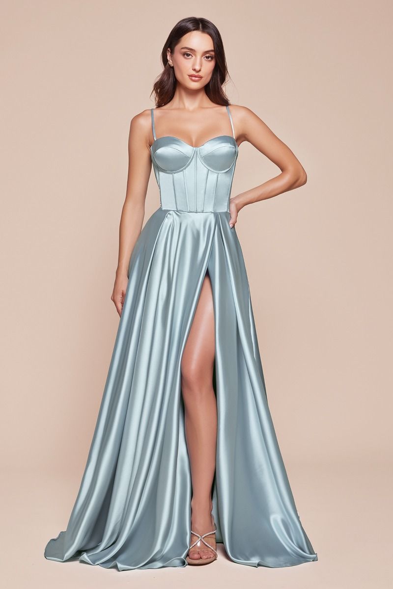 Bustier Satin A-Line Leg Slit Gown by Cinderella Divine CD337 - Special Occasion