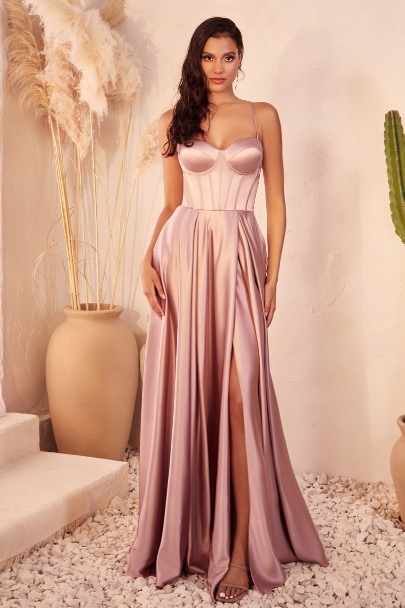Bustier Satin A-Line Leg Slit Gown by Cinderella Divine CD337 - Special Occasion