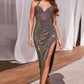 Fitted Halter V-Neckline Corset Slit Gown by Cinderella Divine CD339 - Special Occasion