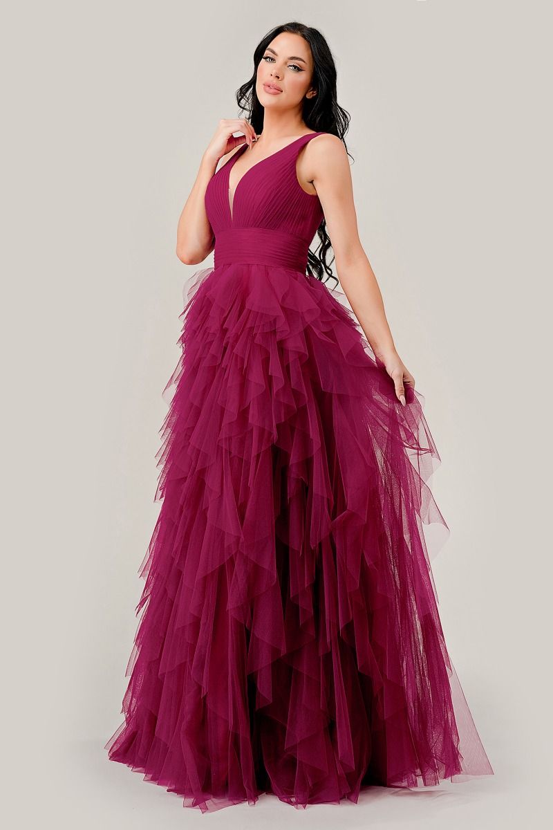 V-Neck Layered Tulle A-line Gown by Cinderella Divine CD347 - Special Occasion/Curves