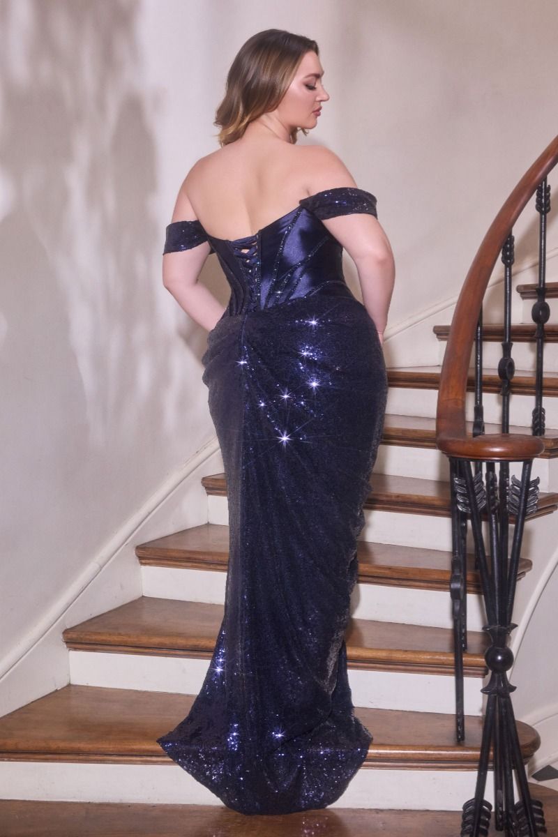 Sequin Off Shoulder Neckline Gown By Ladivine CD422C - Women Evening Formal Gown - Curves