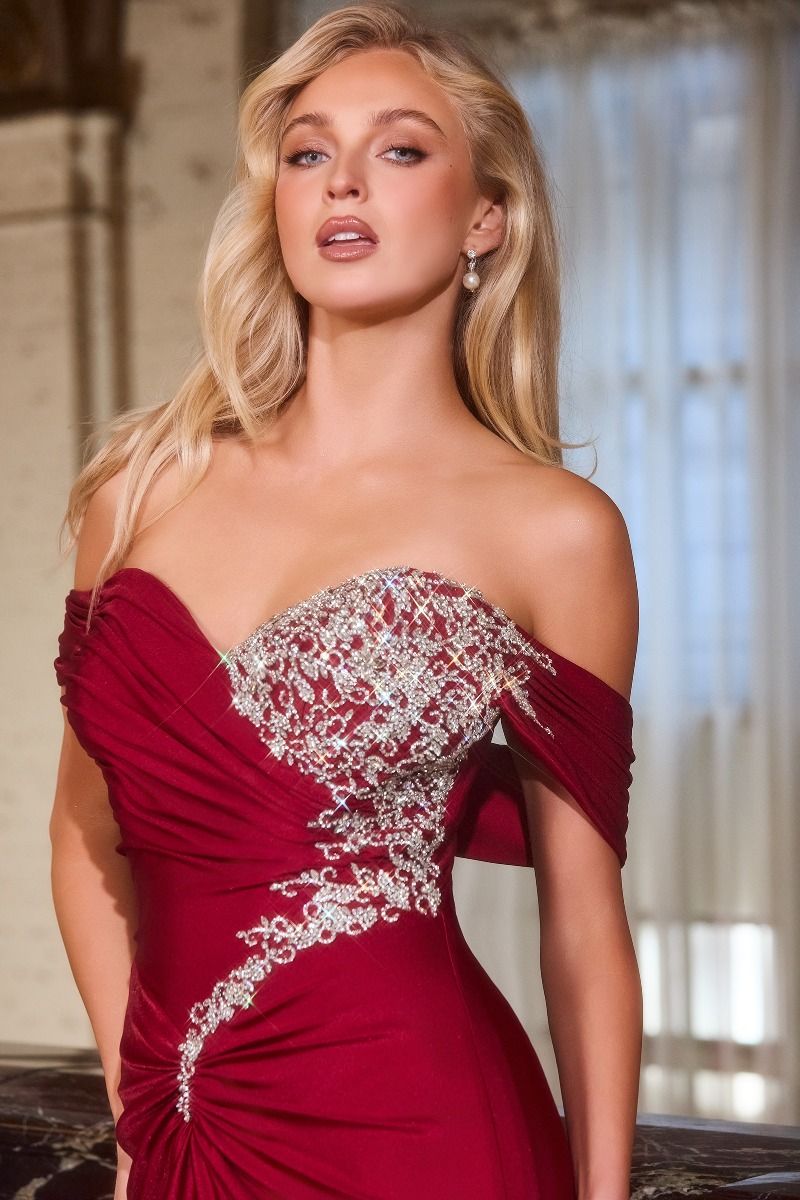 Satin Off Shoulder Neckline Gown By Ladivine CD667 - Women Evening Formal Gown - Special Occasion/Curves