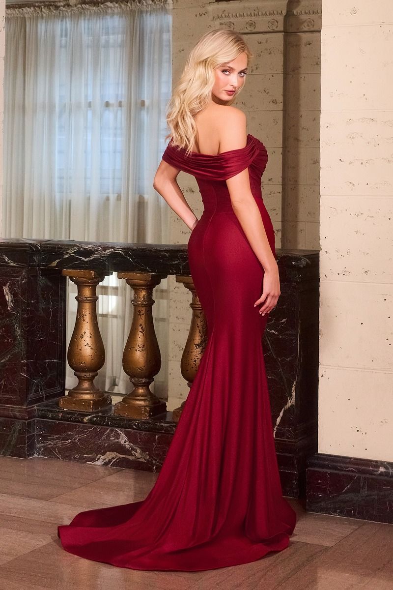 Satin Off Shoulder Neckline Gown By Ladivine CD667 - Women Evening Formal Gown - Special Occasion/Curves