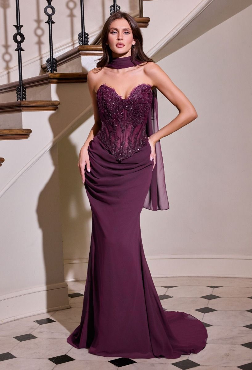 Strapless Sheer Corset Sheath Gown By Ladivine CD683 - Women Evening Formal Gown - Special Occasion