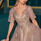 Lace Applique V-Neckline A-Line Gown By Ladivine CD726 - Women Evening Formal Gown - Special Occasion/Curves