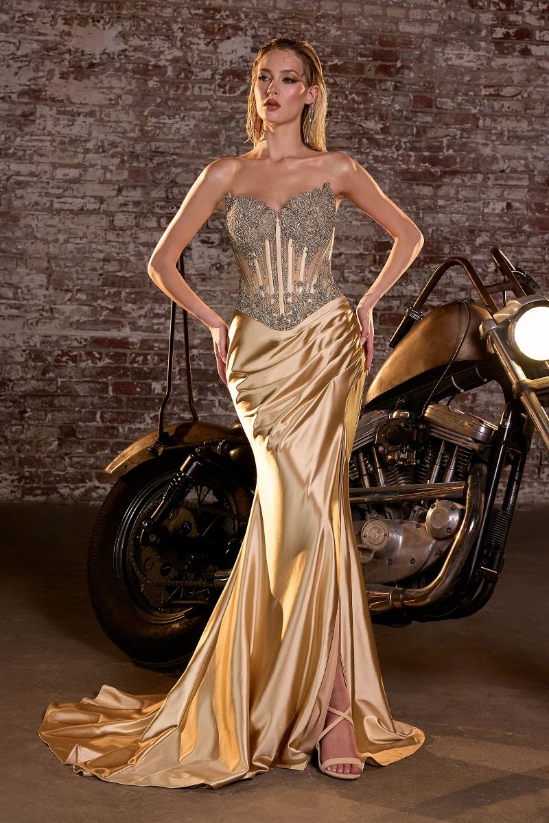 Crystal Strapless Satin Leg Slit Gown By Ladivine CD736 - Women Evening Formal Gown - Special Occasion