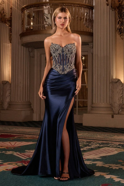 Crystal Strapless Satin Leg Slit Gown By Ladivine CD736 - Women Evening Formal Gown - Special Occasion