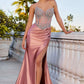 Crystal Strapless Satin Leg Slit Gown By Ladivine CD736 - Women Evening Formal Gown - Special Occasion