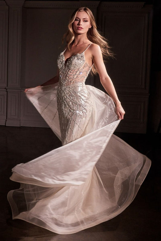 Crystal Embellished Fit & Flare Gown By Ladivine CD763 - Women Evening Formal Gown - Special Occasion