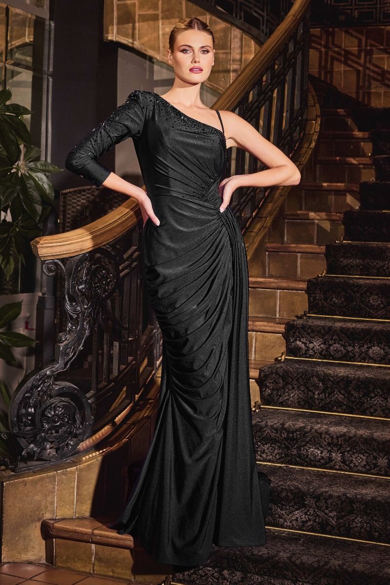 One Shoulder Long Sleeve Leg Slit Gown By Ladivine CD787 - Women Evening Formal Gown - Special Occasion