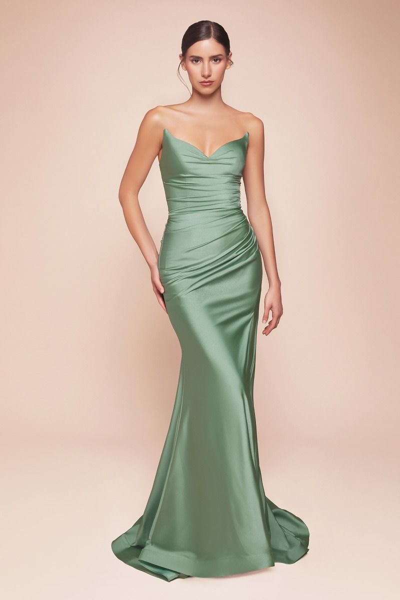 Satin Strapless Pointed V-Neckline Gown by Cinderella Divine CD791 - Special Occasion