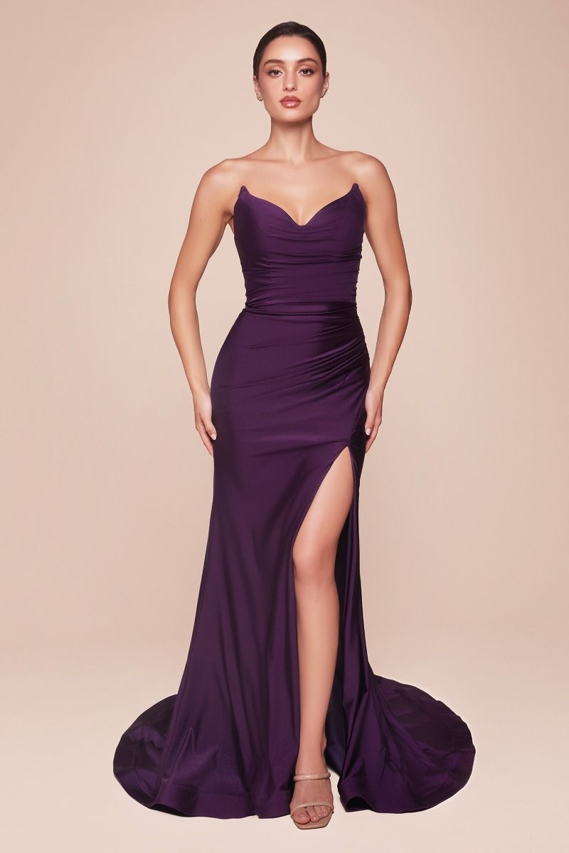 purple strapless dress Satin Strapless Pointed V-Neckline Gown by Cinderella Divine CD791