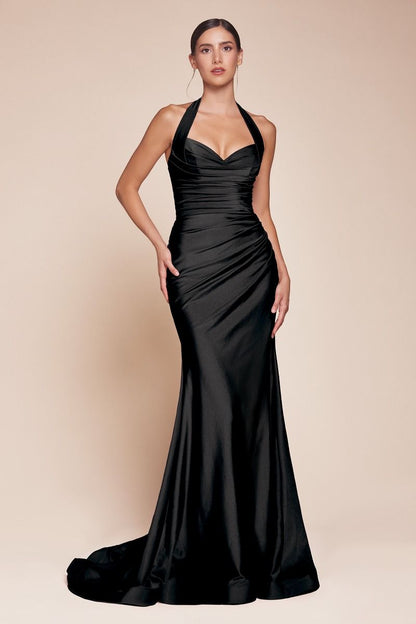 Satin Halter Neckline Leg Slit Gown by Cinderella Divine CD796 - Special Occasion (2-12 Size)