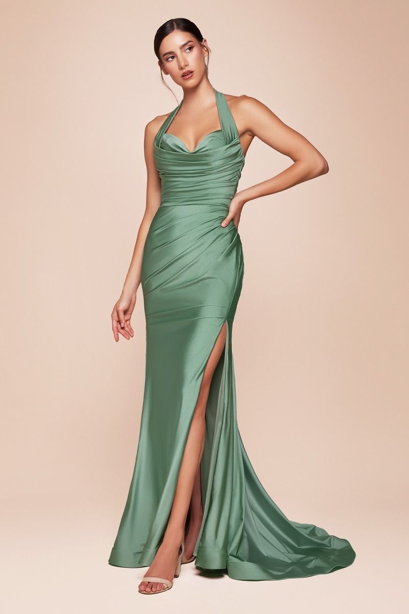 Satin Halter Neckline Leg Slit Gown by Cinderella Divine CD796 - Special Occasion (2-12 Size)