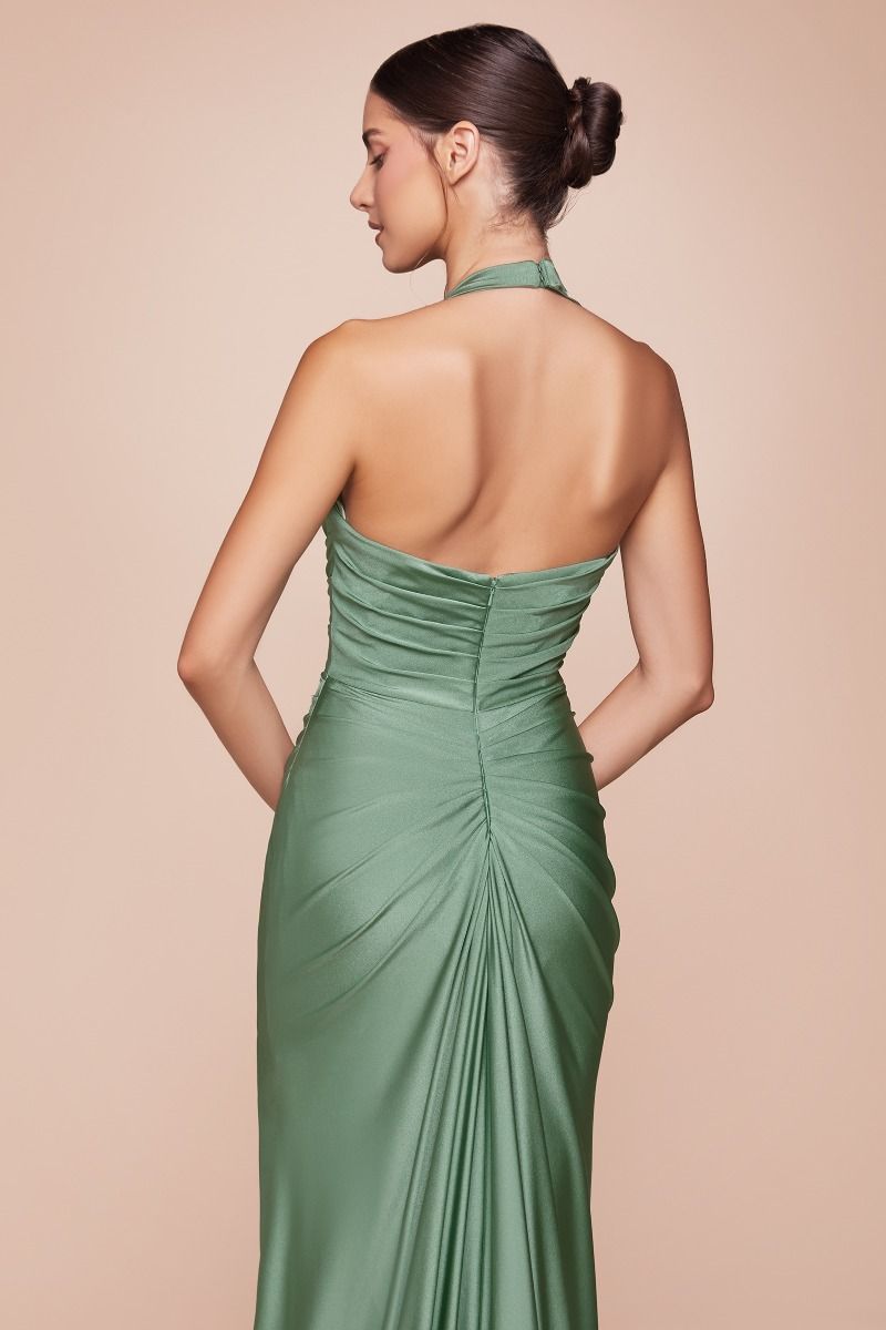 Satin Halter Neckline Leg Slit Gown by Cinderella Divine CD796 - Special Occasion (2-12 Size)