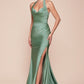 Satin Halter Neckline Leg Slit Gown by Cinderella Divine CD796 - Special Occasion (2-12 Size)