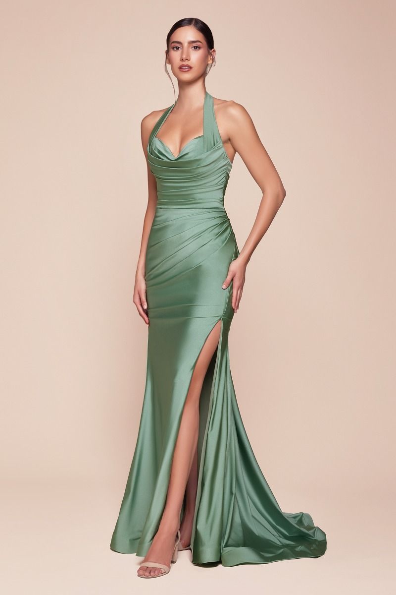 Satin Halter Neckline Leg Slit Gown by Cinderella Divine CD796 - Special Occasion (2-12 Size)