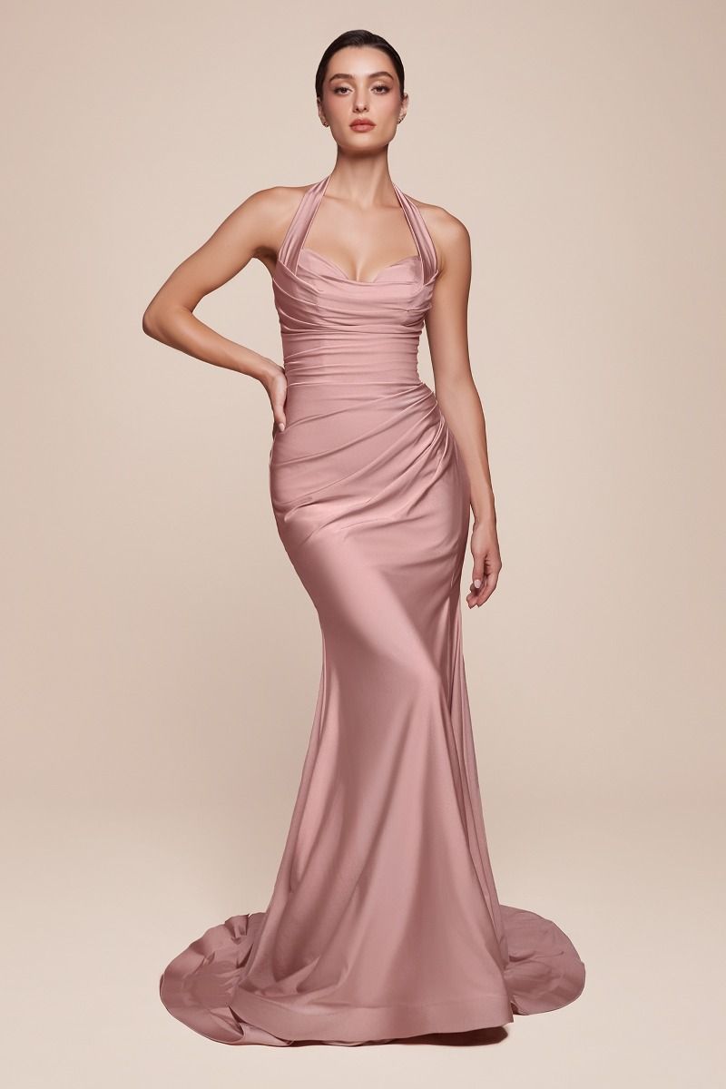 Satin Halter Neckline Leg Slit Gown by Cinderella Divine CD796 - Special Occasion (2-12 Size)