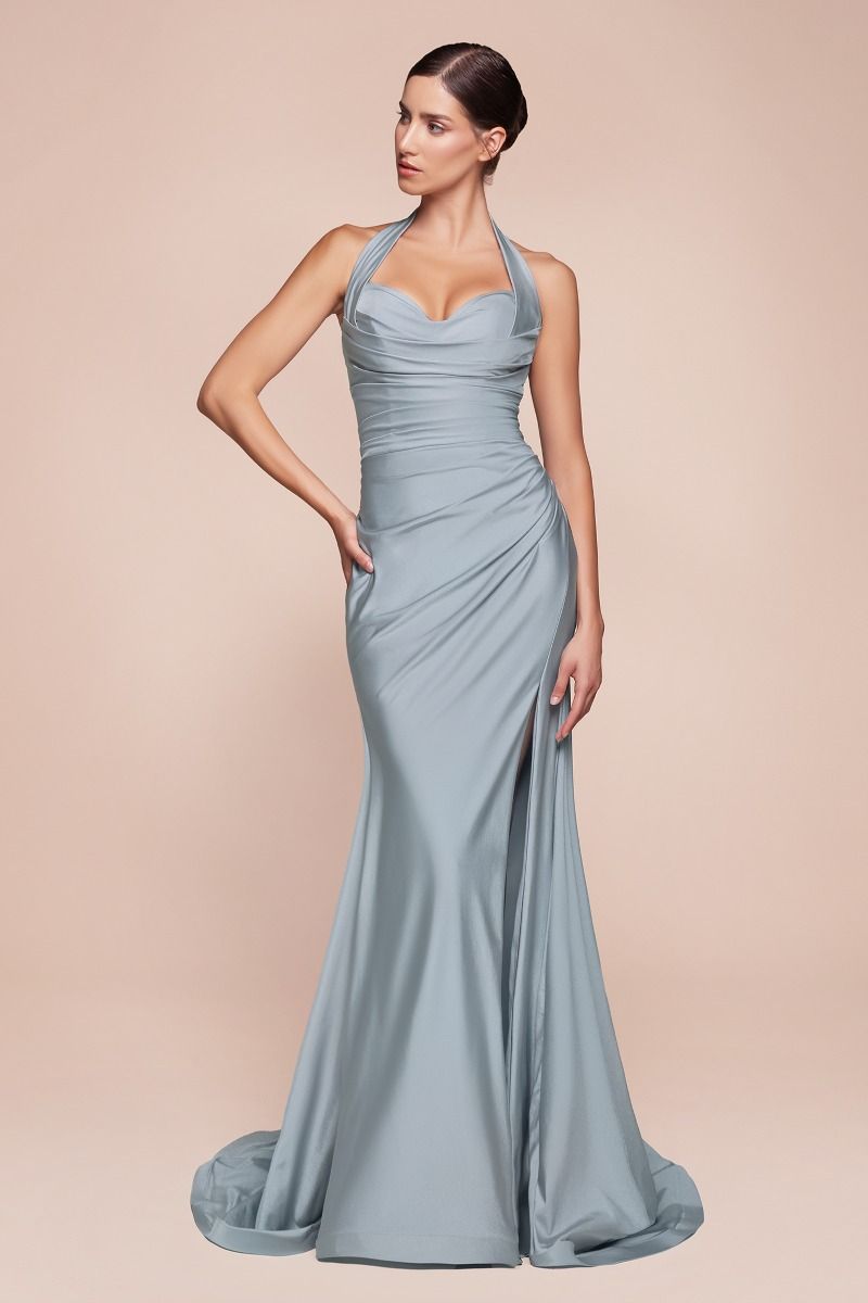 Satin Halter Neckline Leg Slit Gown by Cinderella Divine CD796 - Special Occasion (2-12 Size)