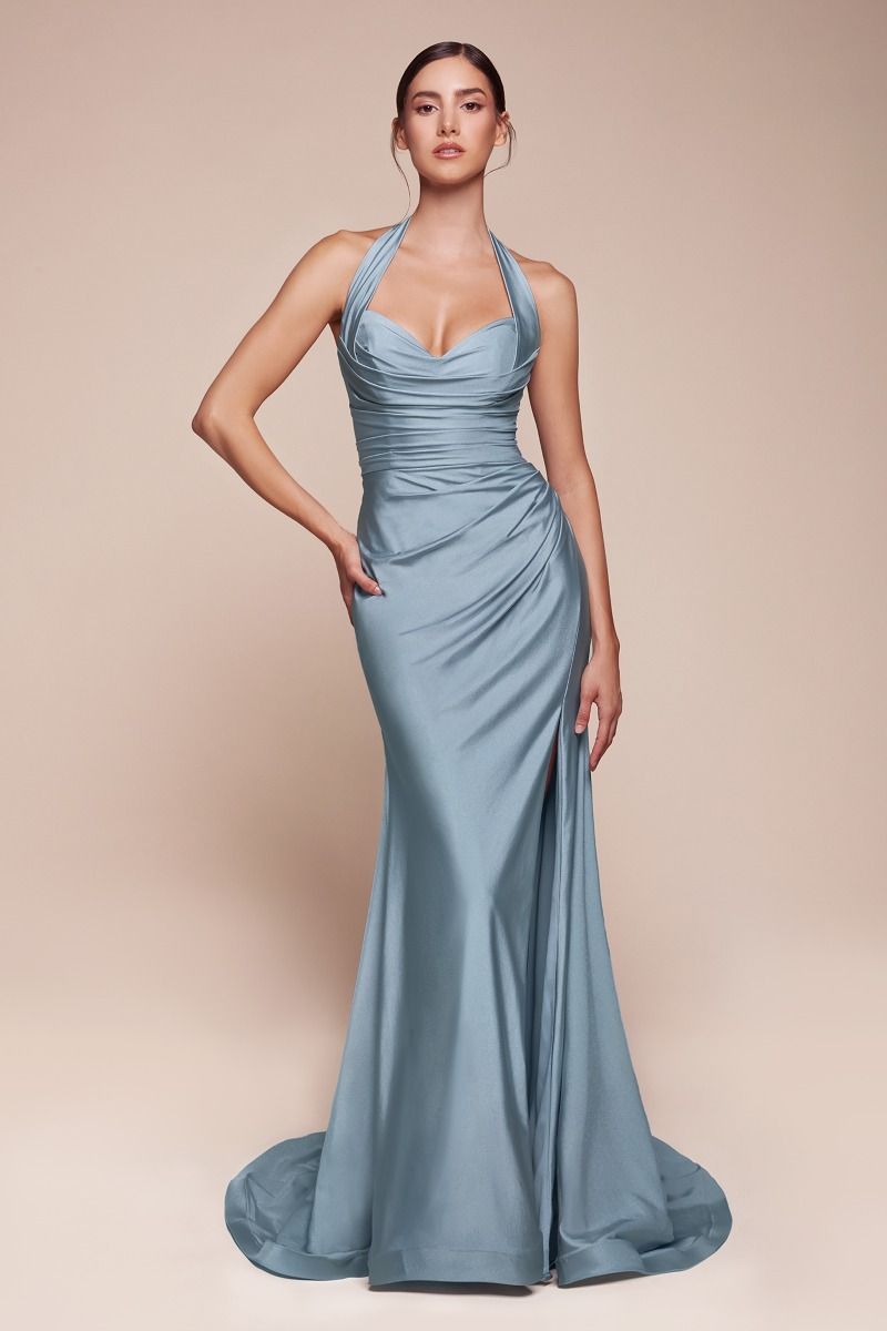 Satin Halter Neckline Leg Slit Gown by Cinderella Divine CD796 - Special Occasion (2-12 Size)