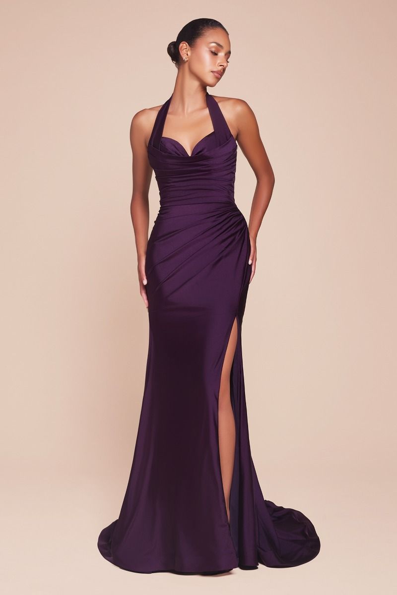 Satin Halter Neckline Leg Slit Gown by Cinderella Divine CD796 - Special Occasion (2-12 Size)