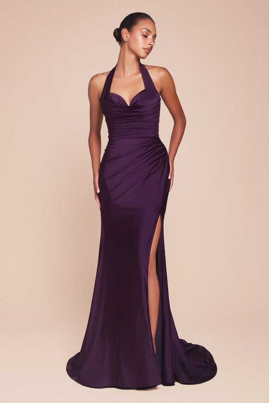 Satin Halter Neckline Leg Slit Gown by Cinderella Divine CD796 - Special Occasion (14-16 Size)