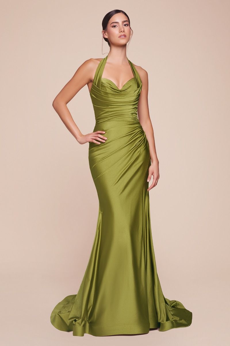 Satin Halter Neckline Leg Slit Gown by Cinderella Divine CD796 - Special Occasion (2-12 Size)