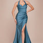 Satin Halter Neckline Leg Slit Gown by Cinderella Divine CD796C - Curves