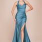 Satin Halter Neckline Leg Slit Gown by Cinderella Divine CD796C - Curves
