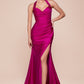 Satin Halter Neckline Leg Slit Gown by Cinderella Divine CD796C - Curves