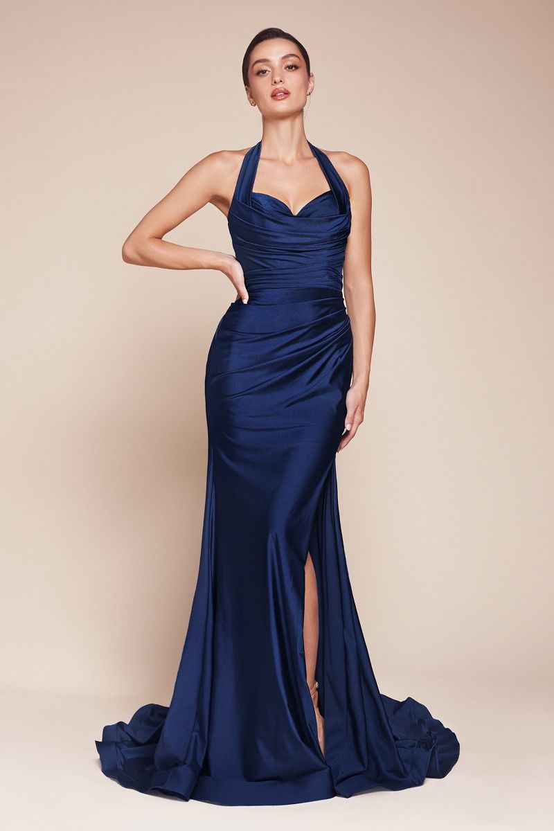 Satin Halter Neckline Leg Slit Gown by Cinderella Divine CD796 - Special  Occasion (2-12 Size) Navy / 2