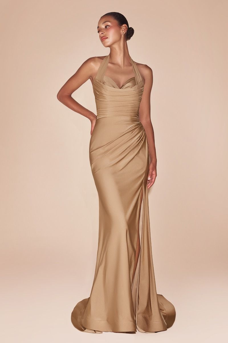 Satin Halter Neckline Leg Slit Gown by Cinderella Divine CD796 - Special Occasion (2-12 Size)