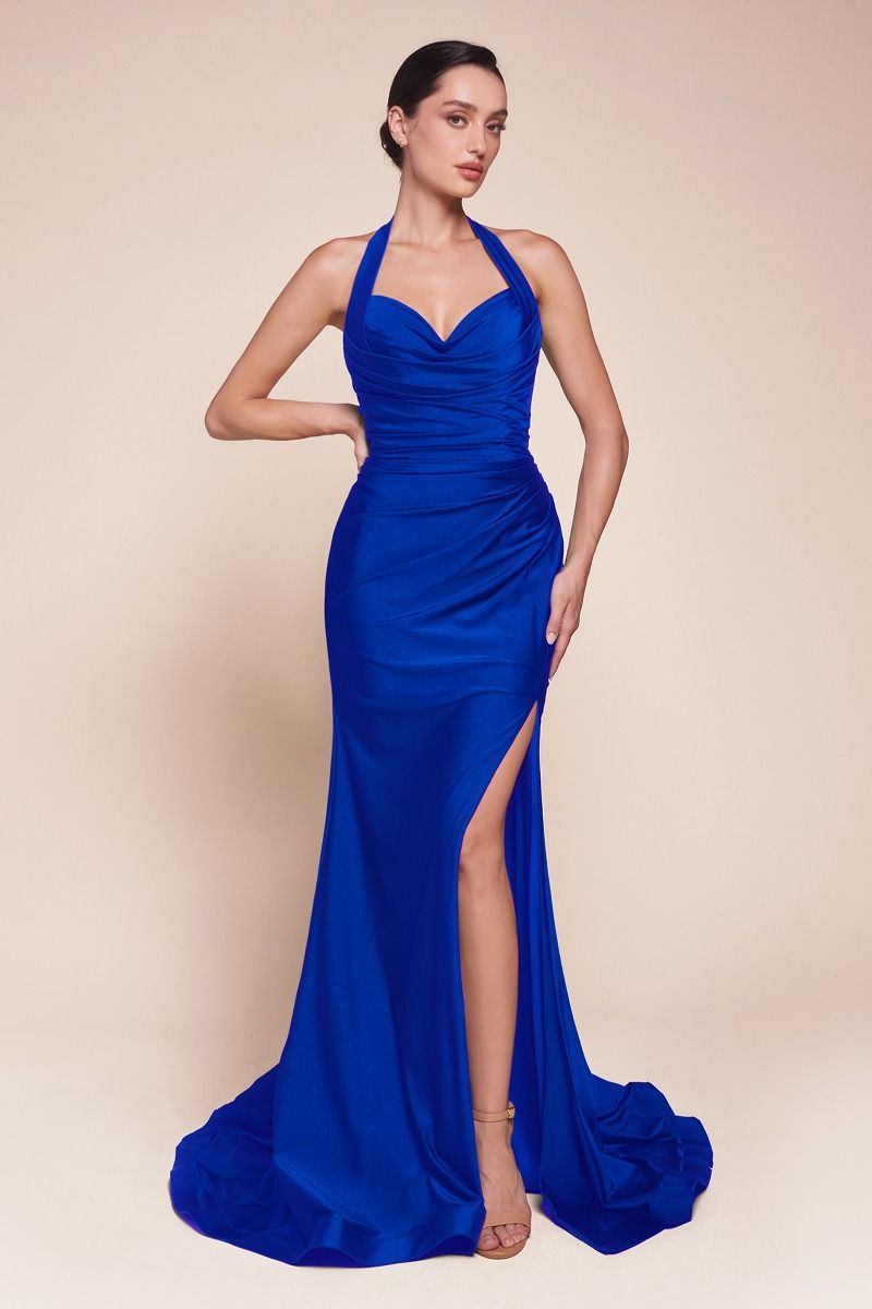 Satin Halter Neckline Leg Slit Gown by Cinderella Divine CD796 - Special Occasion (2-12 Size)