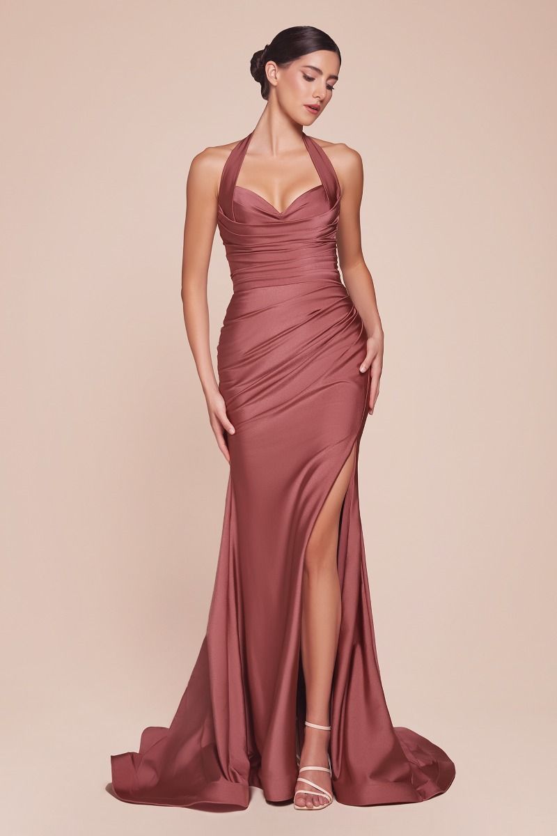 Satin Halter Neckline Leg Slit Gown by Cinderella Divine CD796 - Special Occasion (2-12 Size)