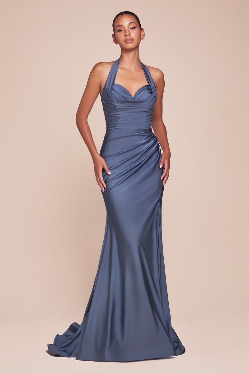 Satin Halter Neckline Leg Slit Gown by Cinderella Divine CD796