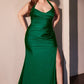 Satin Halter Neckline Leg Slit Gown by Cinderella Divine CD796C - Curves