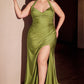 Satin Halter Neckline Leg Slit Gown by Cinderella Divine CD796C - Curves