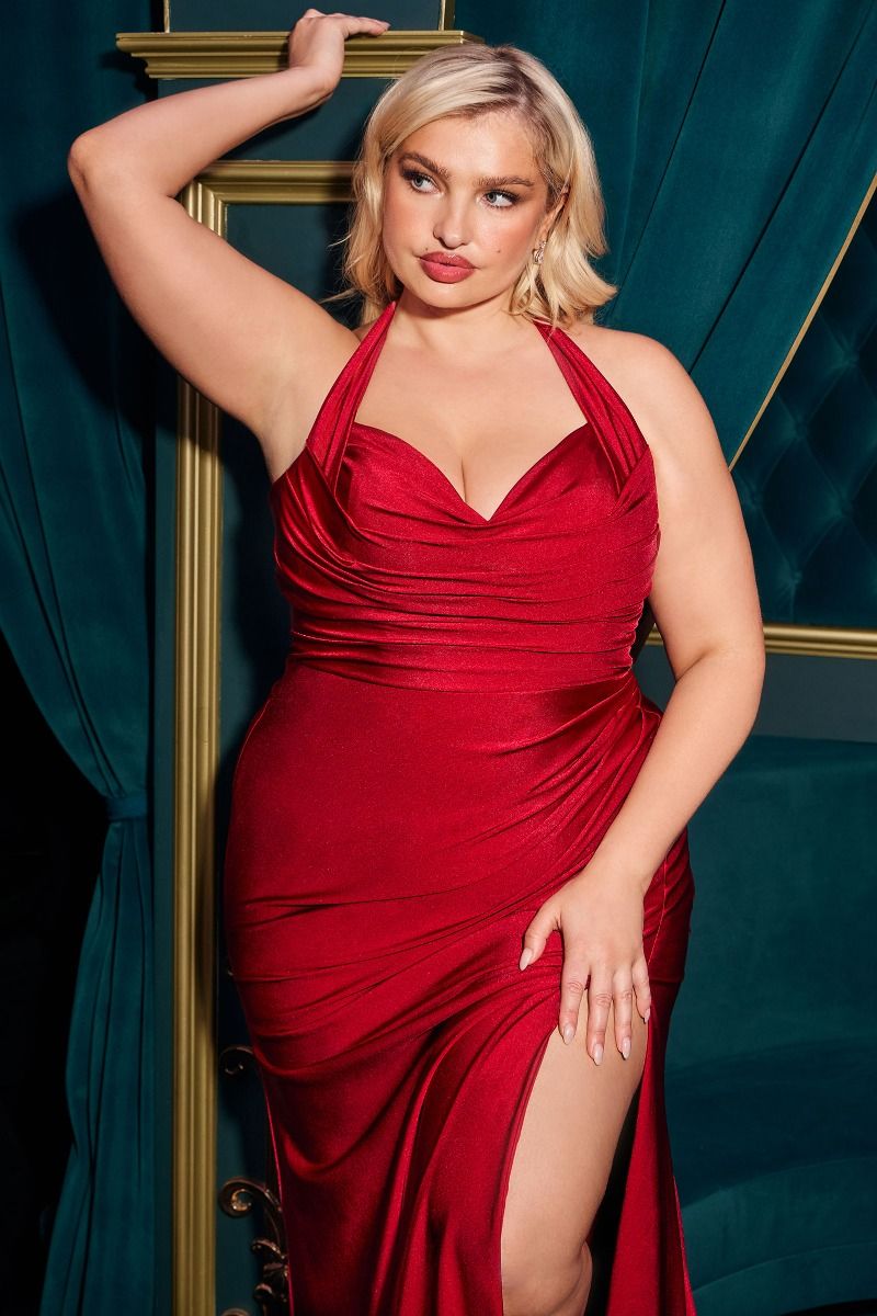 Satin Halter Neckline Leg Slit Gown by Cinderella Divine CD796C - Curves