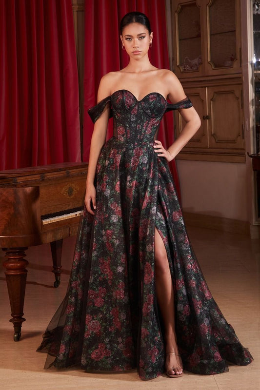 Floral Print A-Line Leg Slit Gown by Cinderella Divine CD806 - Special Occasion