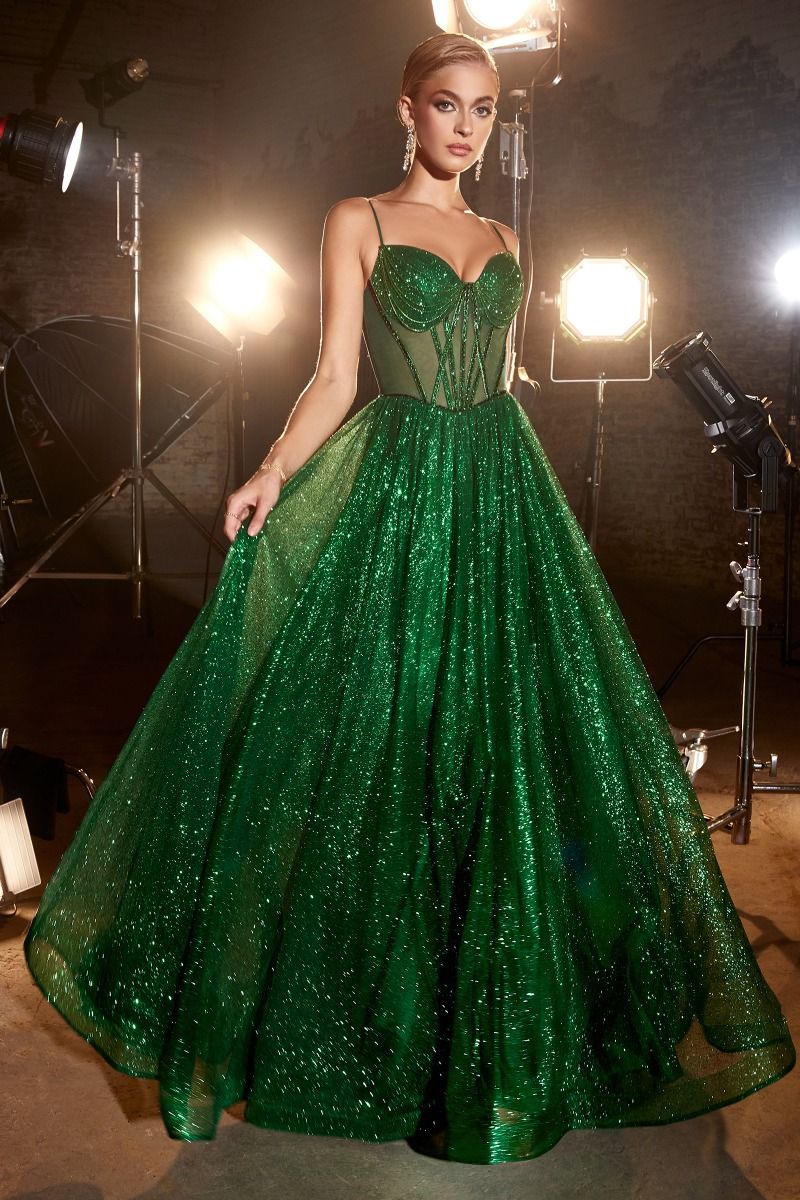 Glitter V-Neckline A-Line Gown by Cinderella Divine CD832