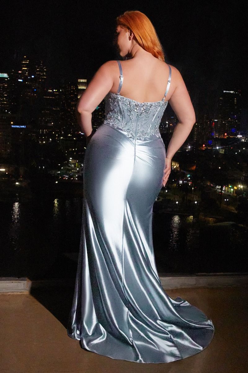 Fitted Satin Sheath Leg Slit Gown by Cinderella Divine CD838C - Curves
