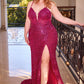 Sequin V-Neckline Leg Slit Gown by Cinderella Divine CD840C - Curves