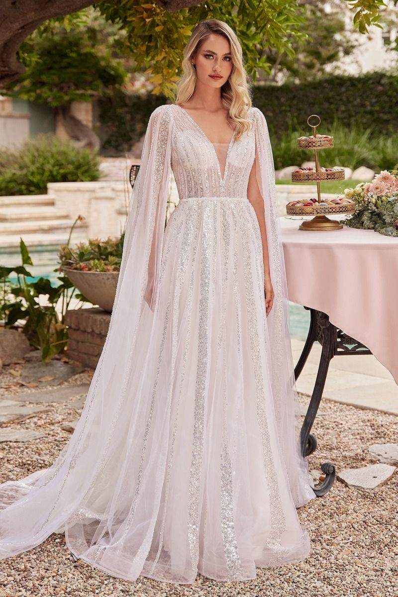 Sparkle Long Sleeves A-Line Bridal Gown by Ladivine - CD852W 4 / Off-White Sparkle Long Sleeves A-Line Bridal Gown by Ladivine - CD852W 4 / Off-White