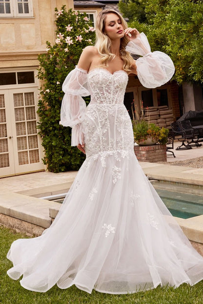 Strapless Mermaid Bridal Gown with Removable Sleeves by Cinderella Divine CD858W