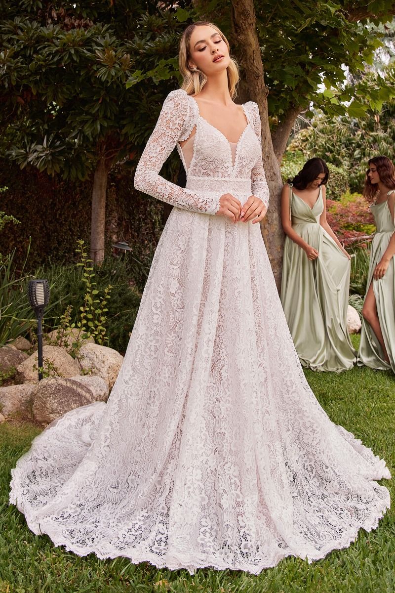 Lace V-Neckline with Removable Sleeves Bridal Gown by Ladivine CD862W 8 / Off-White Lace V-Neckline with Removable Sleeves Bridal Gown by Ladivine CD862W 8 / Off-White