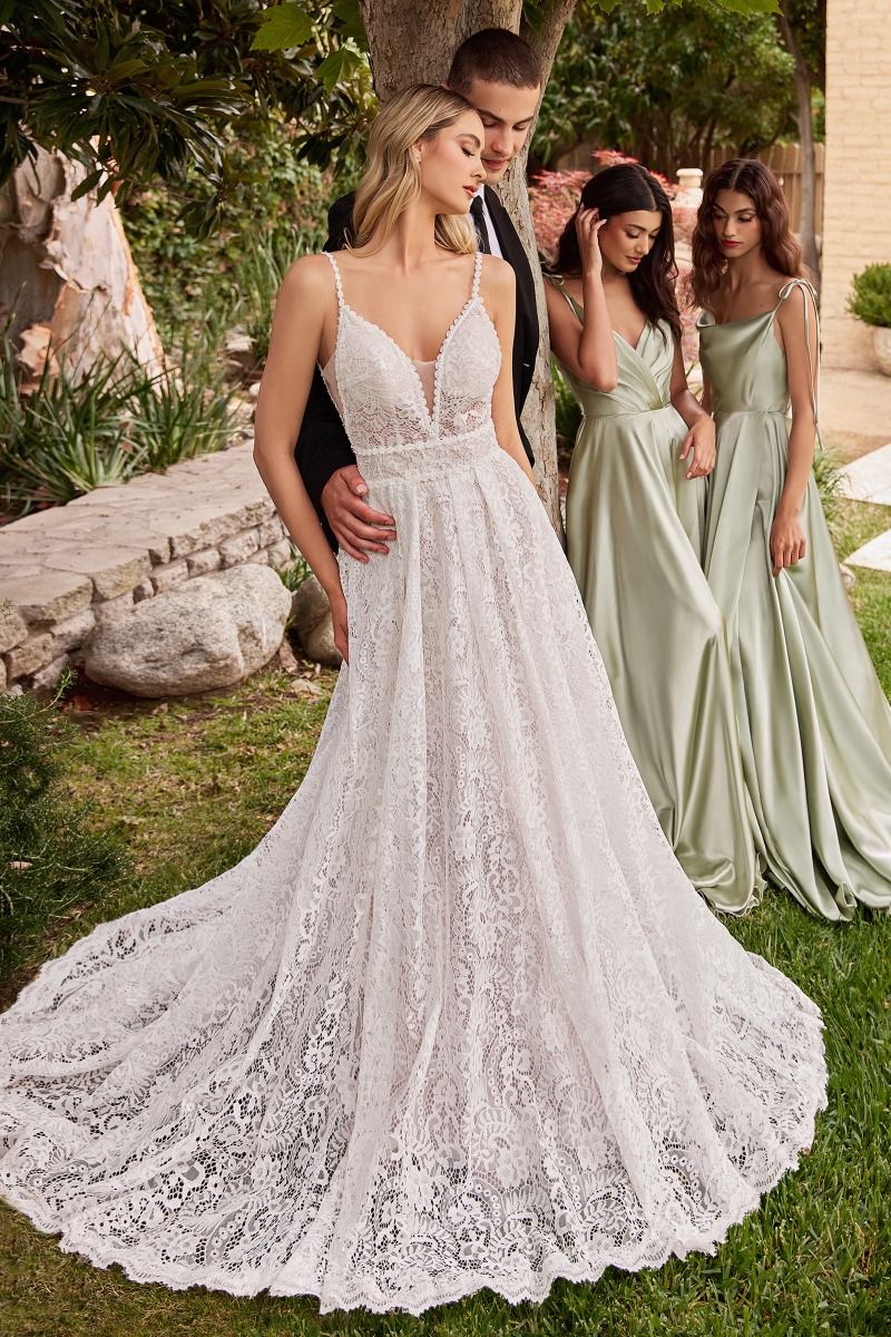 Lace V-Neckline with Removable Sleeves Bridal Gown by Ladivine CD862W 8 / Off-White Lace V-Neckline with Removable Sleeves Bridal Gown by Ladivine CD862W 8 / Off-White