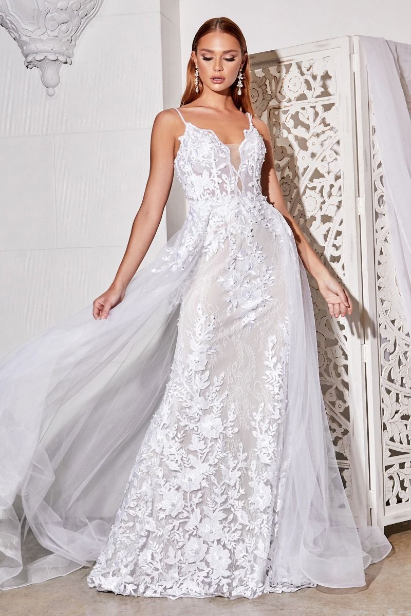 Ladivine CD931W Lace Wedding Gown with Overskirt, Off White / 18